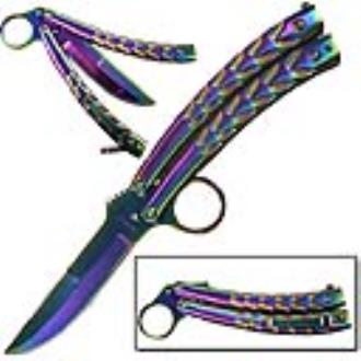 Curved Rainbow Finished Ring Quillon Balisong Butterfly Knife