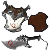 EW-0089 - God of War Twin Blade Short Dagger Set with Wall Plaque Steel Chain Linked