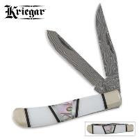 KG139 - Kriegar Real Pearl Abalone Damascus Trapper Pocket Knife - KG139