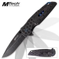 19-MC40676 - Mtech USA Radiator Assisted Opening Pocket Knife Stonewashed with Contrasting Blue Liner