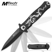 19-MC40728 - Mtech USA DreadBeast Dagger Assisted Opening Pocket Knife with Swirling Dragon Motif Black