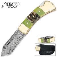 TW397 - Timber Wolf Rams Horn Damascus Steel Pocket Knife - TW397