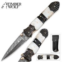 19-TW510 - Timber Wolf Damascus Mother of Pearl Buffalo Horn Folding Pocket Knife