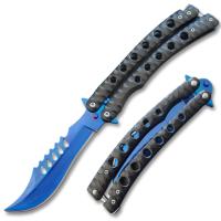 BF-203BL - Black Handle Balisong Two-Tone Blue Blade Coated Butterfly Knife Curved Blade