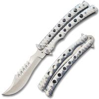 BF-203SL - Serrated Swift Black Handle Balisong Silver Blade Coated Butterfly Knife Curved Blade