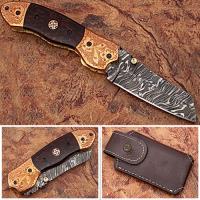 FDM-2524 - Executive Series Engraved Nesmuk Folding Damascus Knife Rainwood with Solid Copper Bolstered