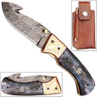 FDM-2535 - Damascus Folding Guthook Knife Giraffe Bone Handle Engraved Brass