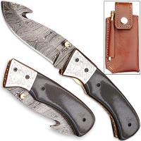 FDM-2538 - Forged Damascus Steel Folding Knife Guthook Micarta Composite Handle