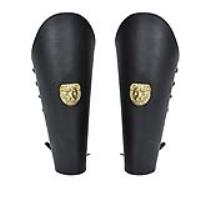 IN60737 - Warrior&#39;s Call Genuine Black Leather Lion Leg Armor Greaves