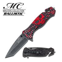 MC-A007BR - Masters Collection Tactical Knife Red Black Skull Tanto AssistOpen Glass Breaker