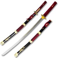 SW-471RD - 38.5 Overall Red Samurai Sword with Attached Throwing Knife
