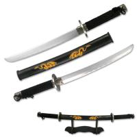 SK165-265CA - Dueling Dragons Twin Japanese Sabers Runic Tanto Daggers with Wooden Stand