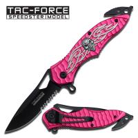 TF-734PK - Spring Assist Legal Auto Knife Winged Skull Fighter Pink