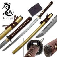 TR-020GD - Ten Ryu Sharp Damascus Steel Katana Sword Gold Scabbard