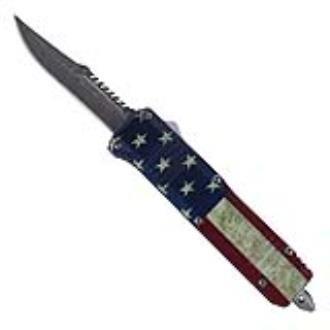 Red White and Blue Blooded Damascus Steel Automatic OTF Knife
