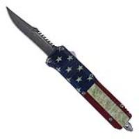 A043 - Red White and Blue Blooded Damascus Steel Automatic OTF Knife