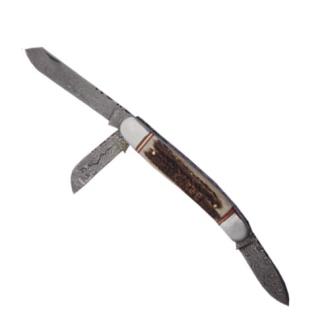 Damascus 3 Blade Folding Knife Bone Handle