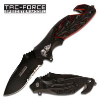 TF-680BKR - Skull Heavy Rescue Folder Spring Assisted Knife Black Red