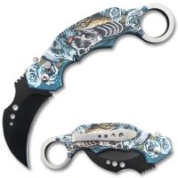 201SKW - Automatic Krambit Knife 3D Printed Skull and Wolf Handle Pocket Knife