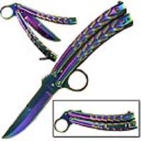 3-R - CURVED RAINBOW FINISHED RING QUILLON BALISONG BUTTERFLY KNIFE.