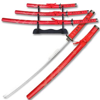 Red 3 Pcs Samurai Sword Set With Engrave on the Red Scabbard