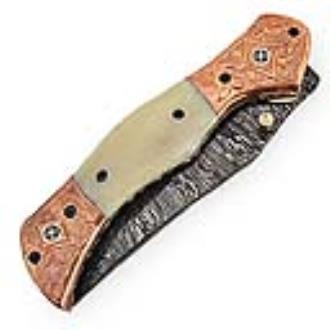 Magnum Rancher Damascus Folding Knife Engraved Copper Bolster Camel Bone Grip