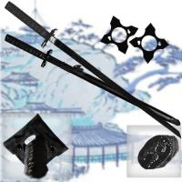 EW-0183 - Ultimate Warrior Ninja Straitblade Katana Set All Black | Dual Knives, 2 Stars, 2 Kunai