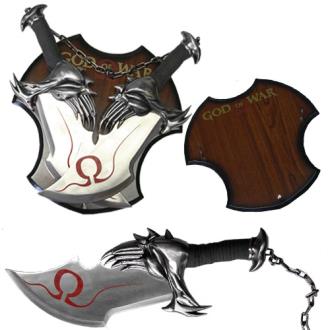 God of War Twin Blade Short Dagger Set with Wall Plaque Steel Chain Linked
