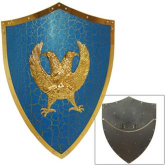 Medieval Two Headed Eagle Shield Knights Prop Wall Hanger Blue Gold 25 Inch
