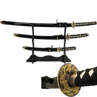 3 Pcs Black Dragon Bushido Samurai Katana Sword Set