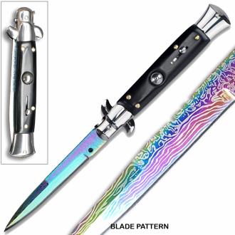 Rainbow Damascus Pattern Black Automatic Stiletto Knife