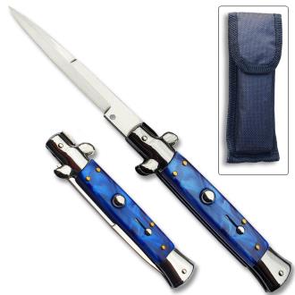 Blue Classic Stiletto Switchblade Knife Blue Handle