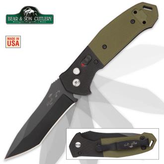 Bear Bold Action Black Pocket Knife OD Green G10 Handle