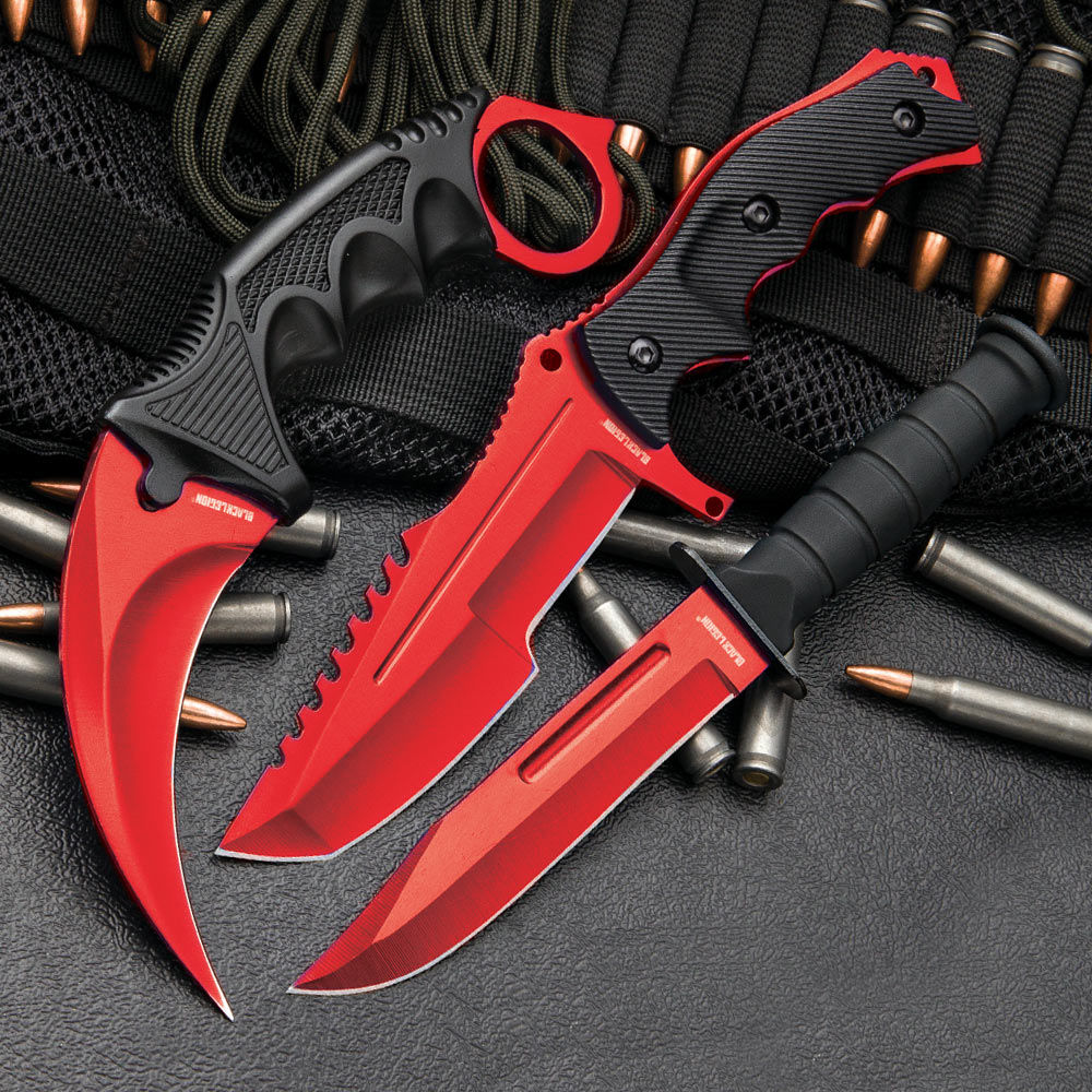 USA SELLER USA STOCK 3PC COMBO CSGO Tactical Fixed Blade RED Knife Set -  Karambit, Huntsman, Combat Knife