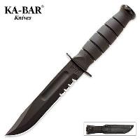 KB1257 - Ka-Bar Short Black Serrated Knife with Leather Sheath - KB1257