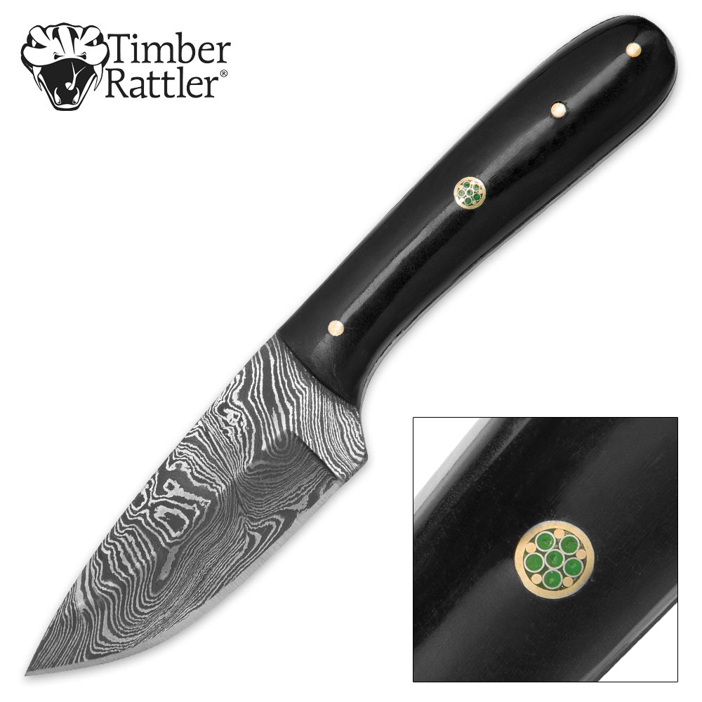 Timber Rattler Terra Preta Damascus Fixed Blade Knife with Leather