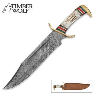 Timber Wolf Custom Stag Damascus Fixed Blade Bowie Knife