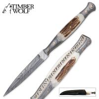 17-TW495 - Timber Wolf Full Tang Damascus and Stag Dagger with Sheath