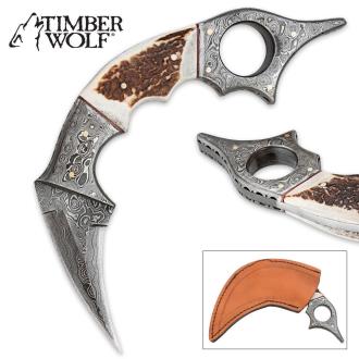 Timber Wolf Damascus Steel & Stag Horn Karambit Knife
