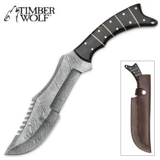 Timber Wolf Buffalo Horn Damascus Steel Bowie Knife with Leather Sheath