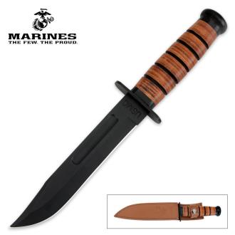 Usmc Combat Fighter Fixed Blade Knife With Genuine Leather Sheath