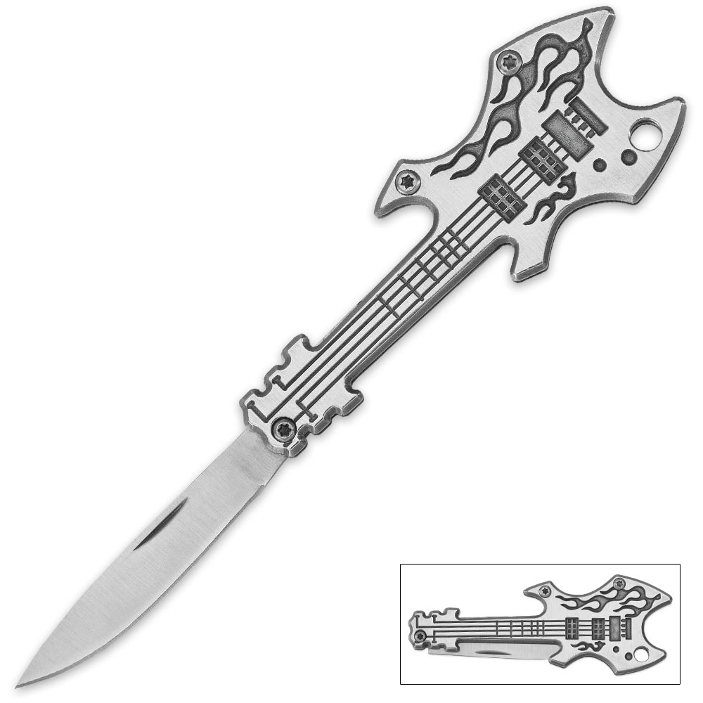 Flaming Satin Guitar Pocket Knife