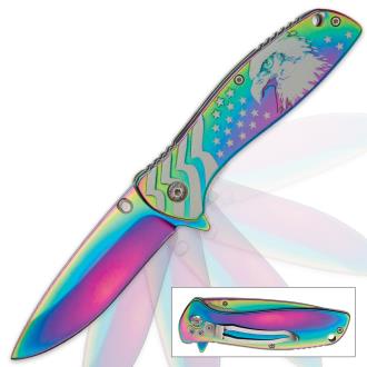 American Eagle Stars and Stripes Assisted Opening Pocket Knife Iridescent Rainbow Finish