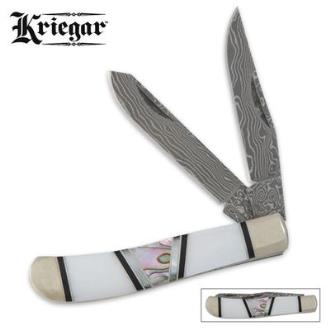 Kriegar Real Pearl Abalone Damascus Trapper Pocket Knife - KG139