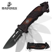 19-MC1709 - Usmc Brown Pakkawood Inlay Spring Assisted Opening Pocket Knife