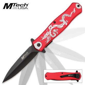 Mtech USA DreadBeast Dagger Assisted Opening Pocket Knife with Swirling Dragon Motif Red