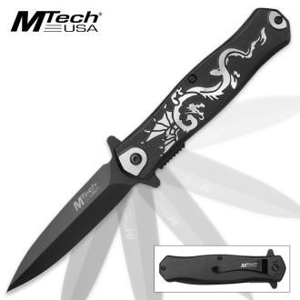 Mtech USA DreadBeast Dagger Assisted Opening Pocket Knife with Swirling Dragon Motif Black