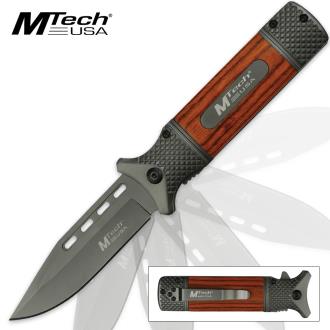 Mtech USA Steely Assisted Opening Pocket Knife Gray TiNi Finish Brown Handle Scales