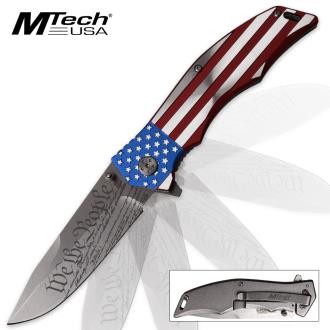 Mtech We the People Assisted Opening Pocket Knife US Constitution Blade Etching US Flag Handle