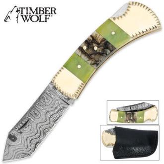 Timber Wolf Rams Horn Damascus Steel Pocket Knife - TW397